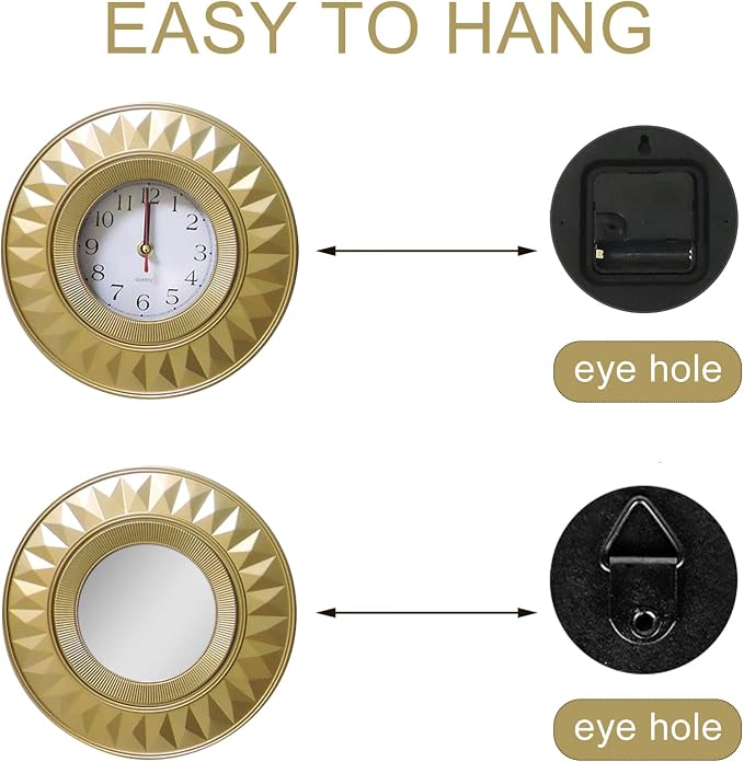 3 Pcs Gold Retro Sunburst Wall Decor Set, 9.8 Inch Round Clock & 2 Mirrors Wall Art, Vintage Sunburst Style Decor for Living Room Bedroom Bathroom, Lightweight & Easy to Install