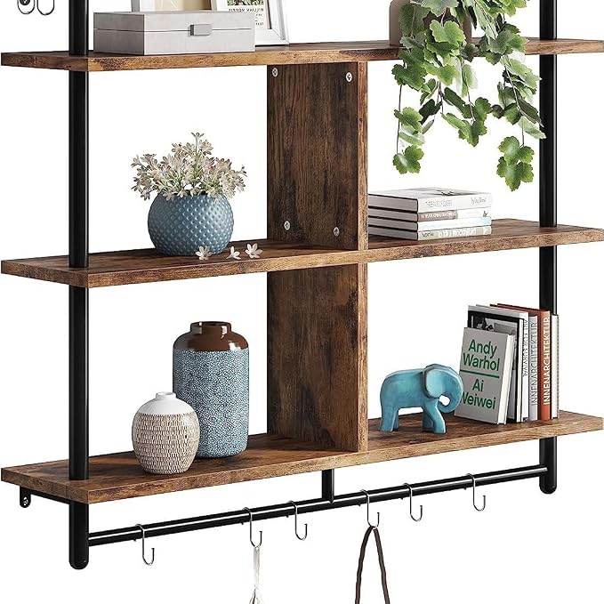 3 Tiers Wood Floating Shelving with Hooks, Industrial Wall Mounted Shelf Modern Wall Shelves Hanging Vintage Display Storage Shelf for Living Room Bathroom Bedroom Kitchen Coffee Bar