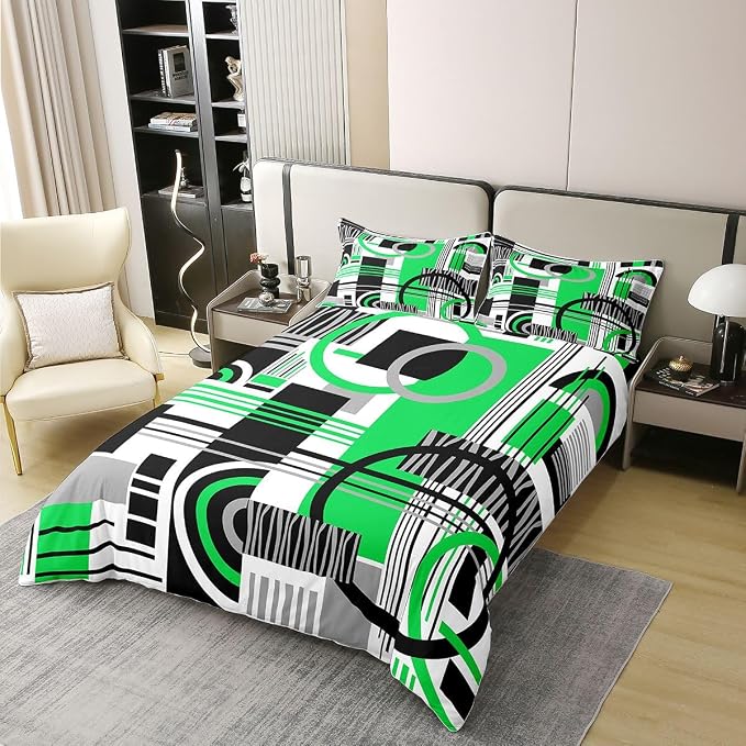 Erosebridal Art Deco Mid Century Duvet Cover Set Retro Modern Abstract Geometric 100% Cotton Comforter Cover Black and White Green Circles Stripes Twin Bedding Sets for Girls, Contemporary Bed Set