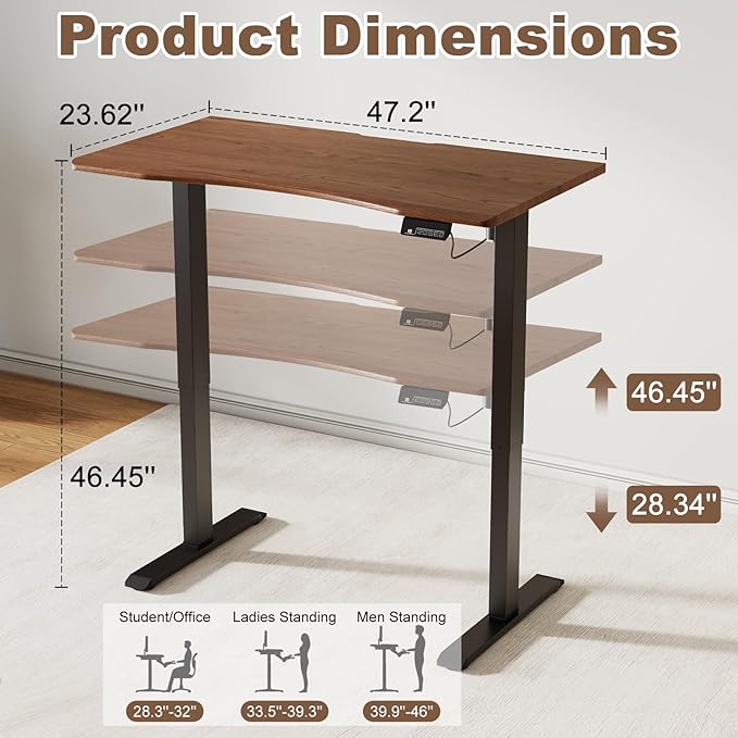 Solid Wood Electric Standing Desk 47.2"x23.6"Home Office Desk,Adjustable Workbench with 3 Stages Single Motor, Computer Workstation with T-Shaped Metal Bracket,Walnut Standing Table for Gaming(1 Box)