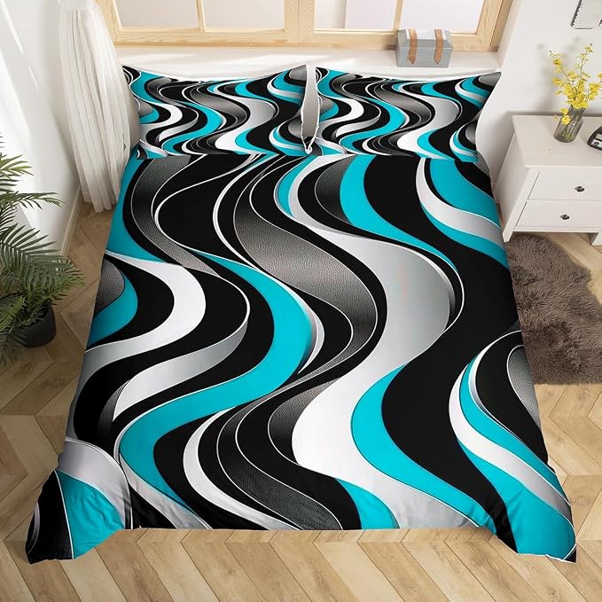 Erosebridal Geometric Wavy Lines Duvet Cover Queen for Kids Teens Adults,Minimalist Abstract Art Comforter Cover,Modern Aesthetic Bedding Set,Teal Grey Black Bed Set with 2 Pillowcases Bedroom Decor