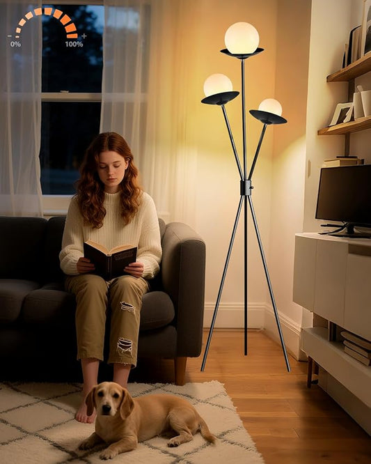 3 Globe Dimmable Tripod Floor Lamp, Mid Century Floor Lamps with 3Pcs 3000K Bulbs Included, Modern Standing Tall Lamp for Living Room Bedroom Office-Black