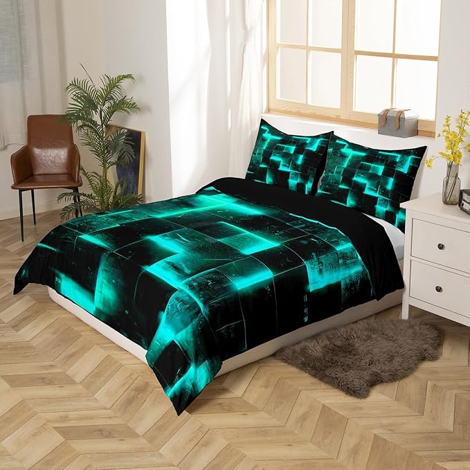 Erosebridal Black and Teal Duvet Cover Twin Modern Abstract Twin Bedding Set, 3D Glowing Plaid Comforter Cover Gradient Grid Bed Set, Neon Square Bedding 2pcs (Black Reversible)