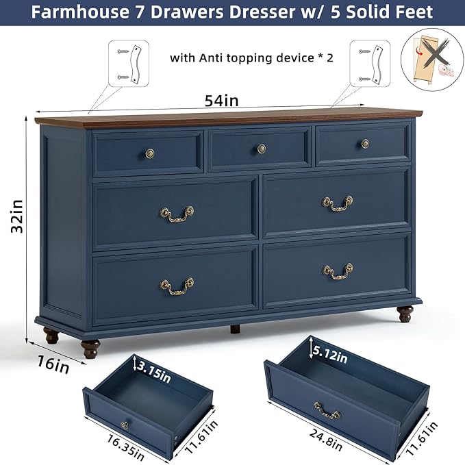 Farmhouse 7 Drawers Dresser for Bedroom, Navy Blue 54 Inch Wide Chest of Drawers w/ 4 Wooden Legs, Vintage Rustic Closet Dressers for Living Room, Large Wood TV Stand with Storage Organizer