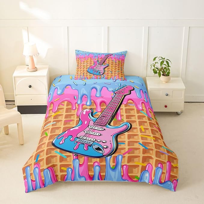 Erosebridal Guitar Music Toddler Comforter Cover for Girls - Blue Pink Ice Cream Drip Dessert Bedding Set Sweet Candy Duvet Cover,Summer Dessert Party Bed Set