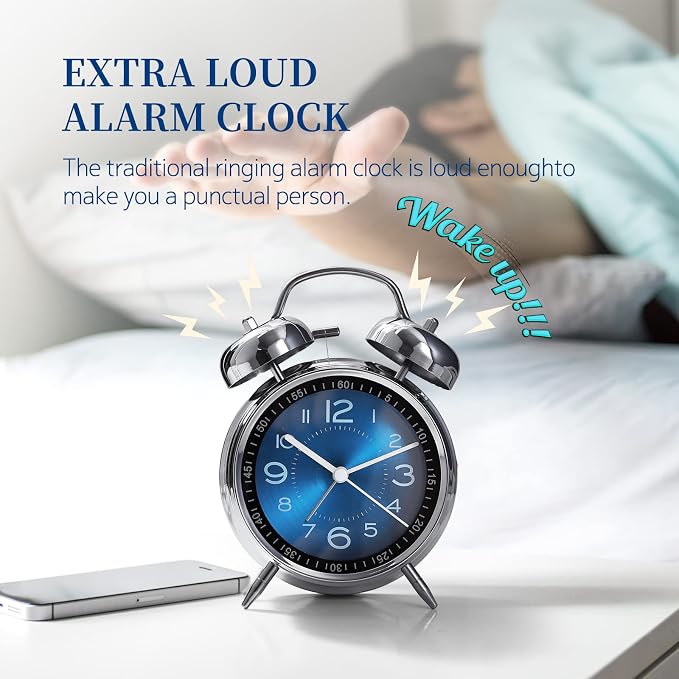 Tetino Super Loud Alarm Clock for Heavy Sleepers,4 inches Twin Bell Alarm Clock with Backlight,Battery Operated,Silent Non Ticking,for Kids,Adults,Bedrooms,Retro Decor Desk Analog Clocks. (Blue)