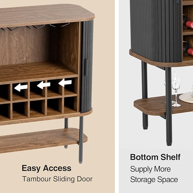 FiveWillowise Black Coffee Bar Cabinet with Storage, Fluted Wine Liquor Cabinet with Sliding Doors, Glass Holder and Wine Rack, Buffet Sideboard for Kitchen, Dining Room, Living Room