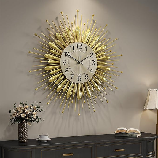 Cuspin Large Gold Wall Clock 30 Inch, Mid Century Modern Sunburst Decorative Design, Silent Non Ticking Battery Operated Metal Wall Clock, for Living Room, Dining Room, Bedroom, Office