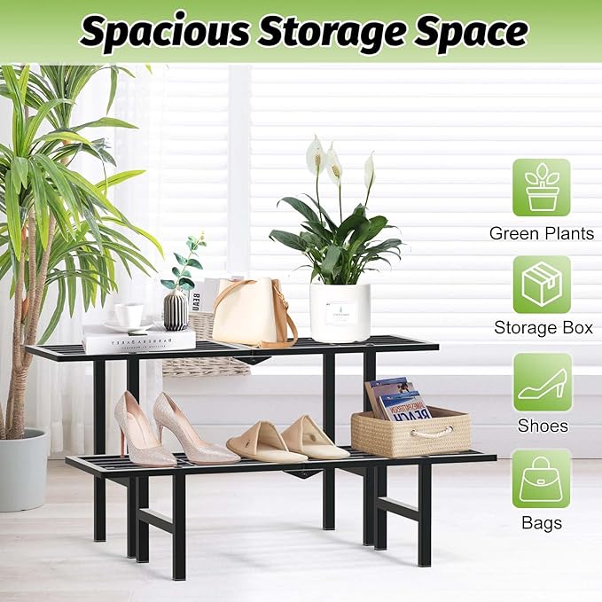 2 Tier Plant Stand Outdoor Indoor, Separated Tiered Folding Metal Plant Shelf Multiple Plant Holder Ladder Display Rack for Corner Garden Balcony Patio Porch, Easy Assembly (Black)