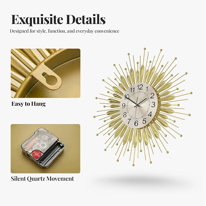 Cuspin Large Gold Wall Clock 30 Inch, Mid Century Modern Sunburst Decorative Design, Silent Non Ticking Battery Operated Metal Wall Clock, for Living Room, Dining Room, Bedroom, Office