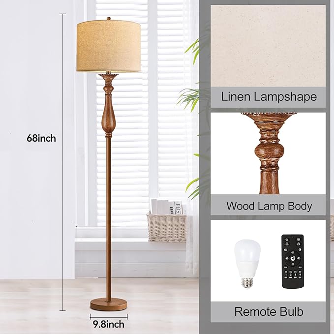 Wood Floor Lamps for Living Room Boho Farmhouse Floor Lamp with Remote Control & 3 Color Temperature,Dimmable Vintage Floor Lamp Mid Century Modern Standing Lamp Pole Tall Floor Lamp Bedroom Corner