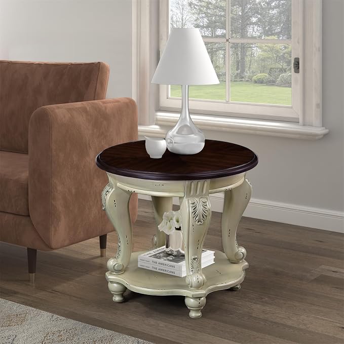 22'' Round End Table Solid Wood Sofa Side Table with Storage Shelf, Living Room Corner Table Retro Accent Table with Cherry Tabletop, Easy Assemble Round Bedside Table Night Stand for Small Space