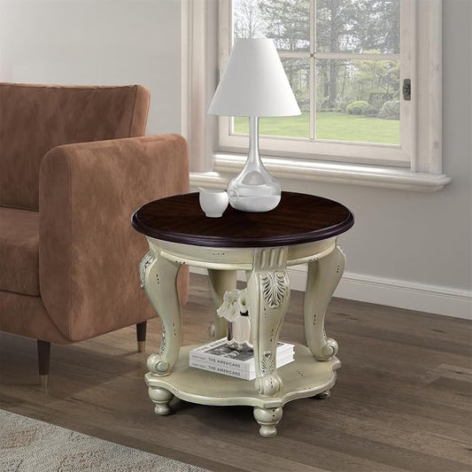 22'' Round End Table Solid Wood Sofa Side Table with Storage Shelf, Living Room Corner Table Retro Accent Table with Cherry Tabletop, Easy Assemble Round Bedside Table Night Stand for Small Space
