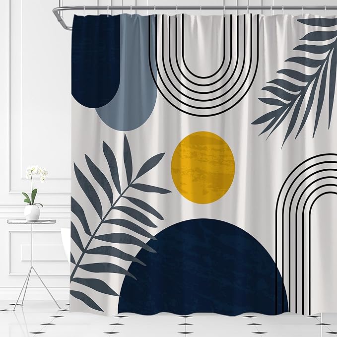 Mid Century Modern Shower Curtain Boho Navy Blue Abstract Retro Aesthetic Fabric for Bathroom Decor Bathtub with Hooks (70" WX78 H)