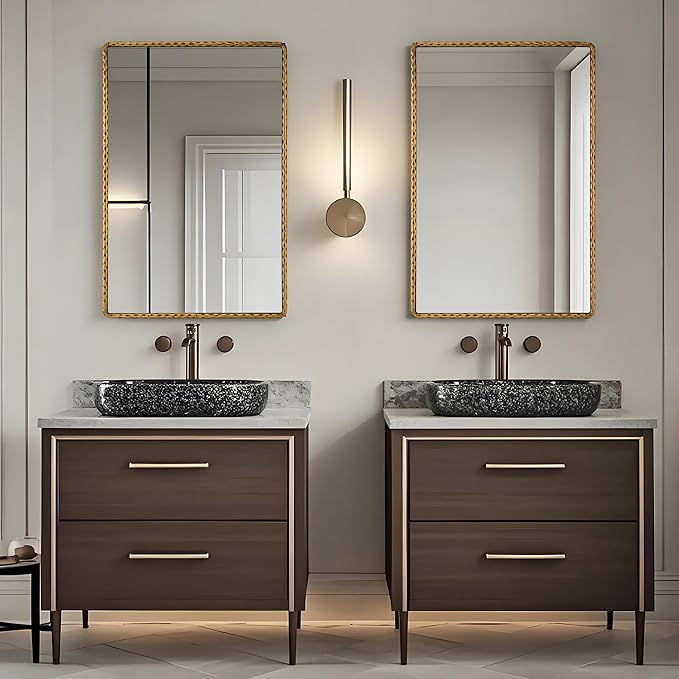 24"x36"Antique Gold Rounded Rectangle Bathroom Mirror, Hammered Metal Frame Wall Mirror, Vintage Decorative Gold Vanity Mirror for Bathroom Over Sink, Horizontal or Vertical Hanging