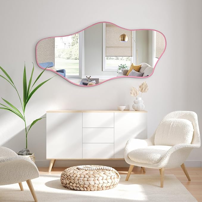 Large Irregular Mirror, 54.5"x24" Pink Asymmetrical Tempered Glass Mirror, Frameless Organic Shaped Mirrors for Entryway Hallway Bedroom Living Room, Horizontal or Vertical Hanging