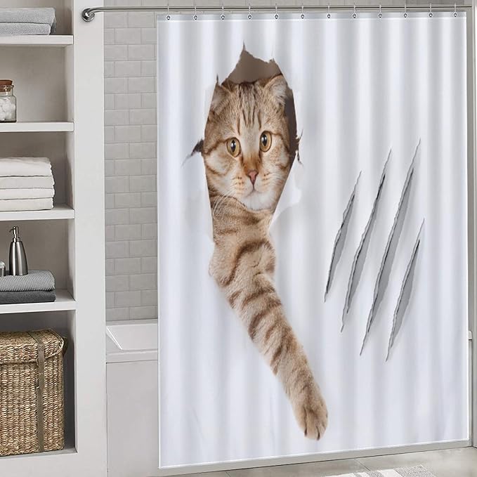 Cat Shower Curtain Funny Cat Hole Claw Scratches Playful Pet Pattern Duty Fabric Shower Curtains Set Bathroom Polyester Waterproof with 12 Hooks, 66x72Inch（168x183cm）