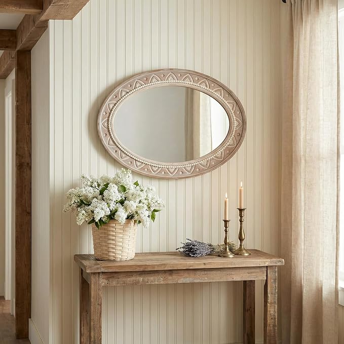 sawsile Oval Wood Mirror,Rustic 20x30 Inch Wooden Farmhouse Beads Decorative Boho Vanity Natural Mirrors for Bedroom, Bathroom, Living Room,or Entryway