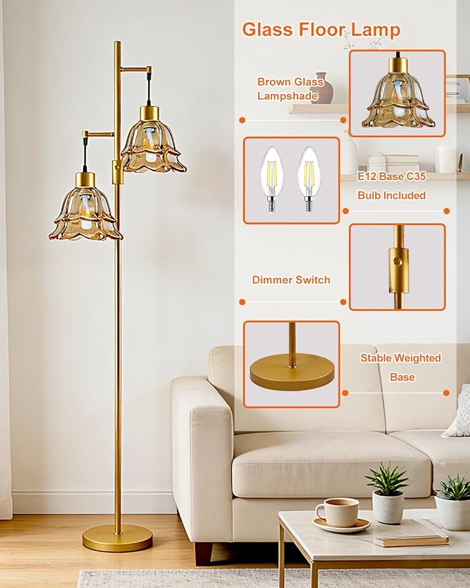 2-Light Modern Glass Floor Lamp, Gold Tall Standing Lamp with Amber Tulip Glass Shade for Reading, Dimmable LED Floor Lamp with Rotary Switch for Living Room Bedroom Home Decor, Bulb Included