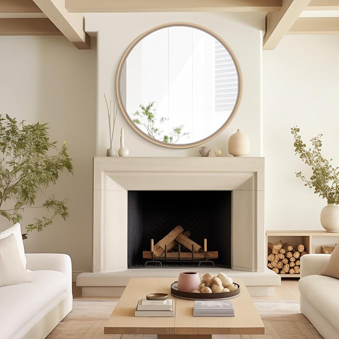 HOMECOOKIN Round Wood Mirror, 31" Round Bathroom Wall Mirror Circle Mirrors for Wall Decor, Vanity, Living Room, Bedroom, Entryway, Natural