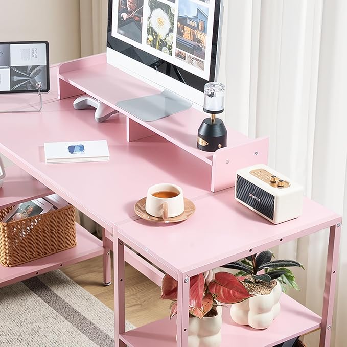 Computer Desk 55-inch with Storage Shelf - Pink Ideal Gaming Desk for Bedrooms, Small Spaces, and Home Offices Modern Writing Desk for PCs.