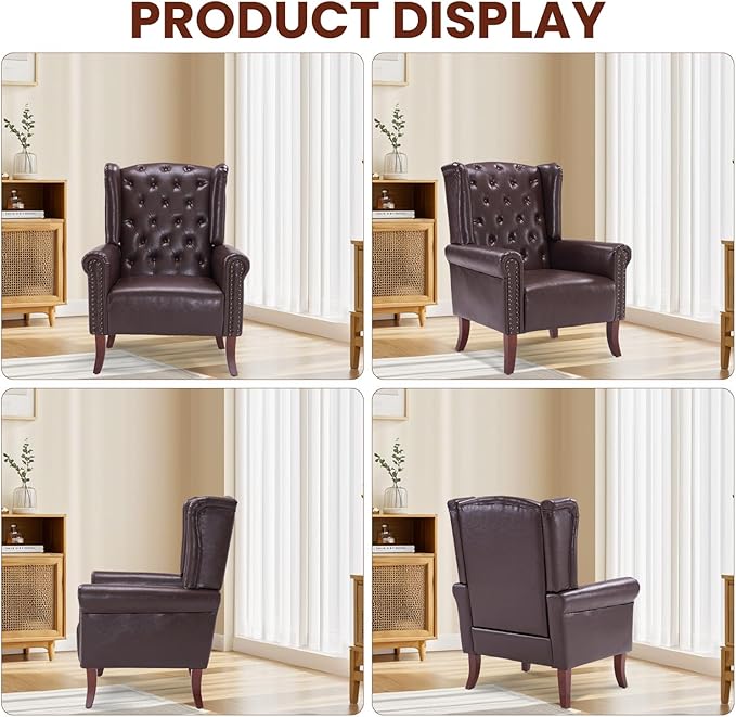 PU Leather Accent Chair Modern Wingback Armchair Club Sofa Chair High Back Living Room Chair for Bedroom, Office, Lounge (Caramel)