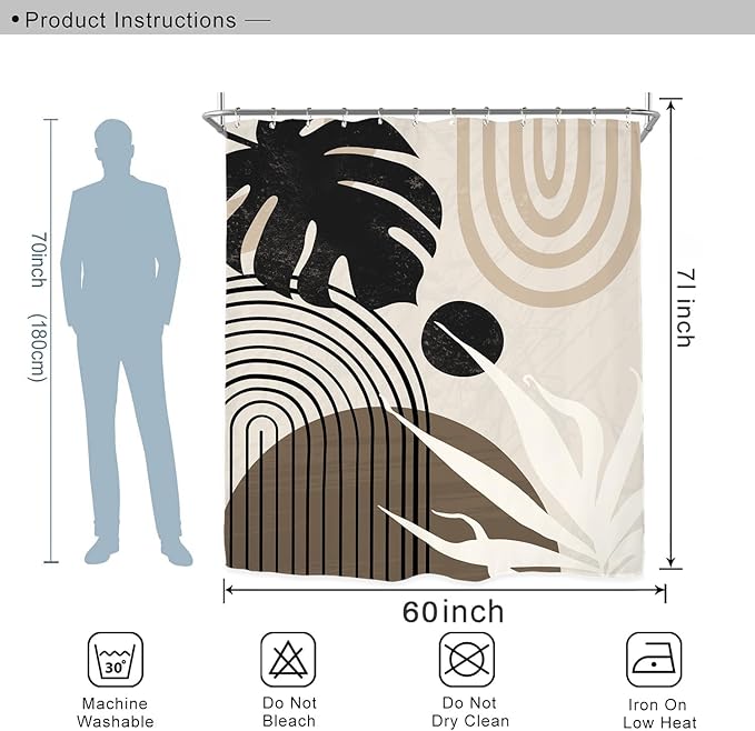 Miyotaa Abstract Light Brown Tan Shower Curtain Set 60Wx71H Inches Minimalist Aesthetic Modern Contemporary Plant Leaves Polyester Waterproof Cloth Bathroom Curtain with 12 Hooks