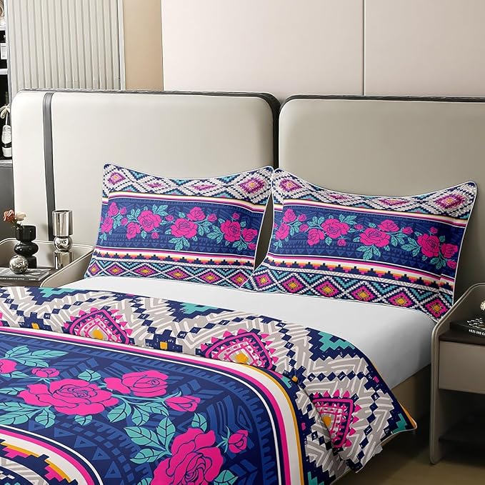 100% Cotton Roses Duvet Cover Queen Ethnic Bedding Set Boho Purple Floral Comforter Cover Geometric Tribal Country Flowers Aztec Bedroom Decor Romantic Geometric Bohemian Quilt Cover for Women Girls