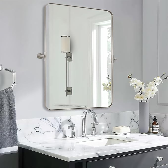 MOON MIRROR Brushed Nickel Pivot Mirror for Bathroom, Tilt Rounded Rectangle for Vanity, Overall 26.33 x 30 in (Mirror 22x 30 in)
