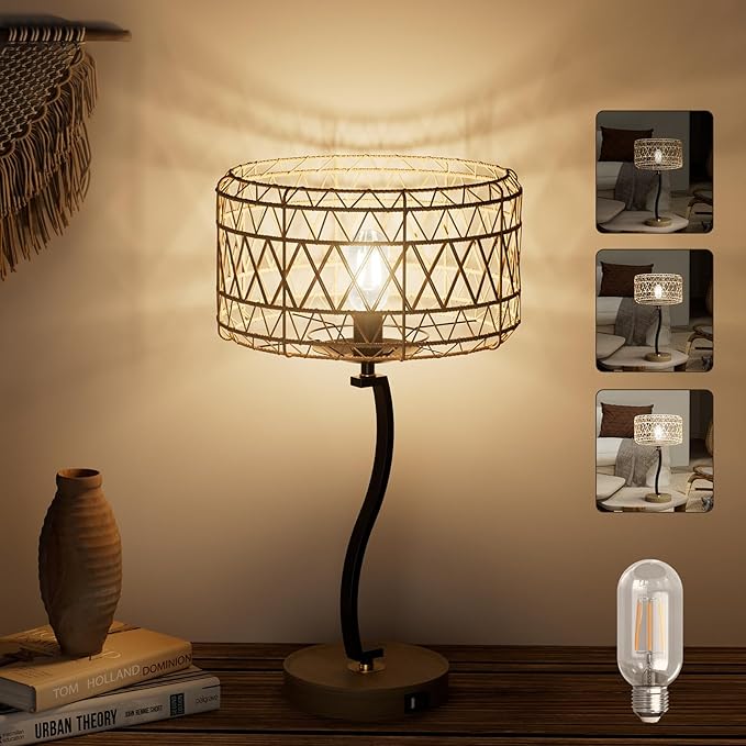 N11-2 Large Rattan Boho Table Lamp, 23" Bohemian Decor Light with USB-A & Type-C Charging Ports, Touch Control 3-Way Dimmable Farmhouse Lamp for Nightstand, Bedroom, Living Room(Bulb Included)