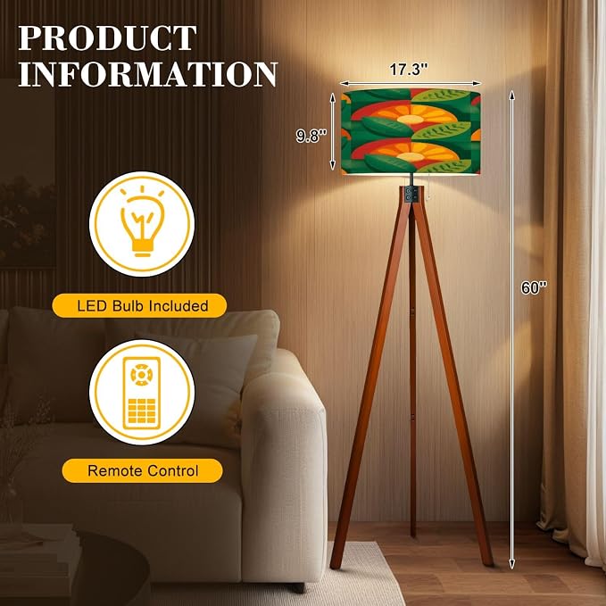 Wood Tripod Floor Lamp Fruits leaves nature Mid century modern art Abstract geometric Mid Century Standing Lamp Linen Shade Dimmable Modern Tall lamp Home Decor for Living Room Bedroom Office