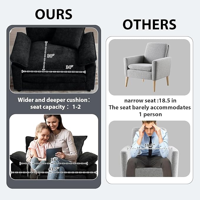 Modern Oversized Chair with Ottoman, Comfy Chenille Accent Chair Large Upholstered Armchair with Extra Thick and Deep Seat Lounge Chair for Living Room,Bedroom,Apartment,Black