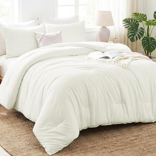 CozyLux Full Size Comforter Set Ivory, 3 Pieces Lightweight Down Alternative Quilted Bedding Sets, All Season Soft Breathable Solid Comforter with 2 Pillowcases, Luxury Bed Set Gift for Home