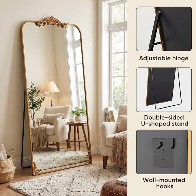 Antok Arched Full Length Mirror, 32"x71" Floor Mirror with Carved, Full Body Mirrors for HomeDecor, Large Wall Mirror with Corner Flower for Bedroom, Living Room, Gold, Luxury Style