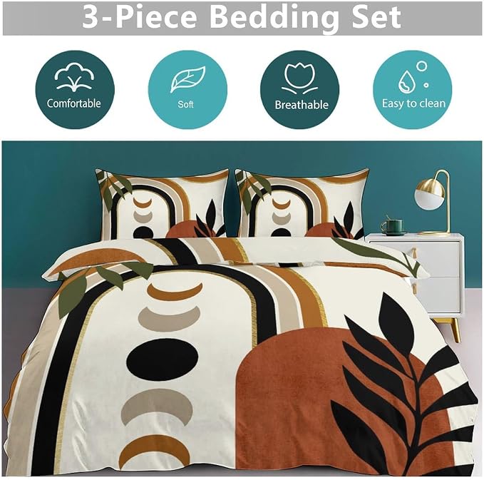 Bohemian Leaf Comforter Set,Mid Century Abstract Tropical Plant Minimalist Modern Geometric Palm Leaf Simple Bedding Duvet Cover Sets with Pillowcase for Bedroom Bed Decor,Full 79"x90"