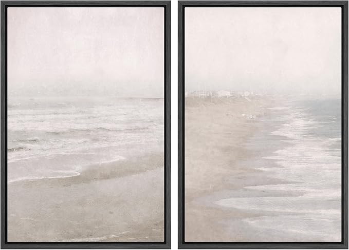 IDEA4WALL Framed Canvas Print Wall Art Set Abstract Beach Shore Ocean Wave Landscape Nature Wilderness Illustrations Modern Art Decorative Coastal Cottage Seascape for Bedroom - 24"x36"x2 Black