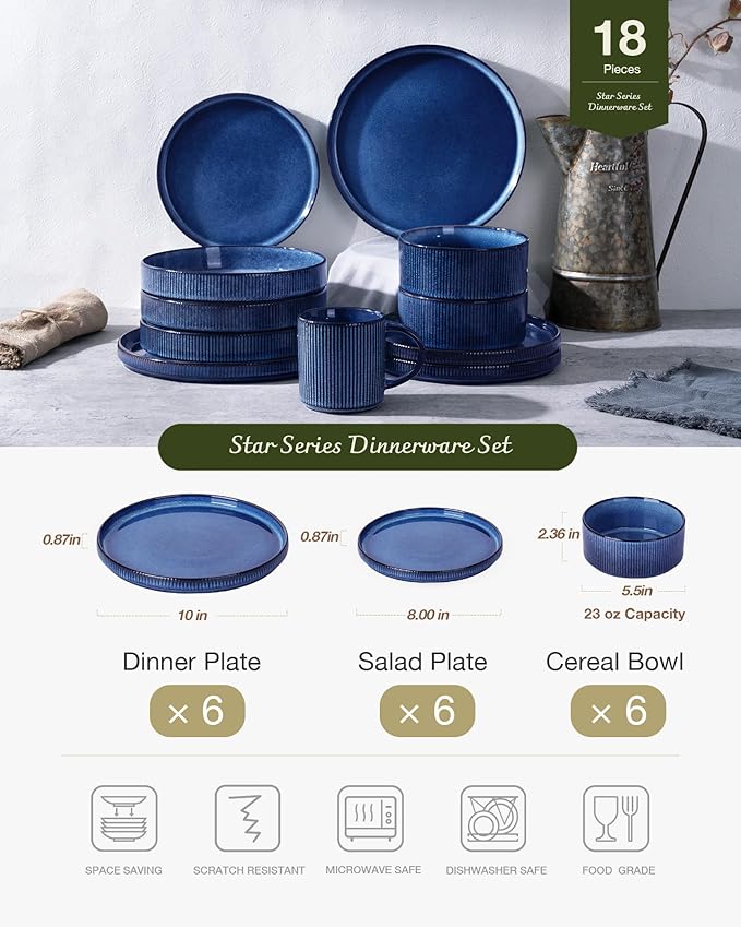 famiware Star Plates and Bowls Sets, Modern Stoneware Dinnerware Sets for 6, 18-Piece Kitchen Dish Set - Chip and Scratch Resistant, Microwave and Dishwasher Safe Tableware, Nebulas Blue