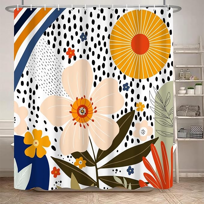 Colorful Boho Bathroom Pink Floral Sun Abstract White Spots Shower Curtain Aesthetics Art Decor Washable Polyester Durable Fabric with Hooks, 72x78 Inch