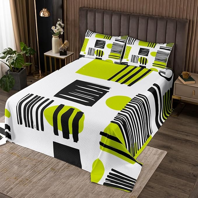 Erosebridal Geometric Stripe Circle Square Bedspread Queen Size Modern Mid Century Quilt Set, Hippie Minimalist Coverlet Set Fifties Retro Old Fashion Bedding Set, Black Green White Bed Cover