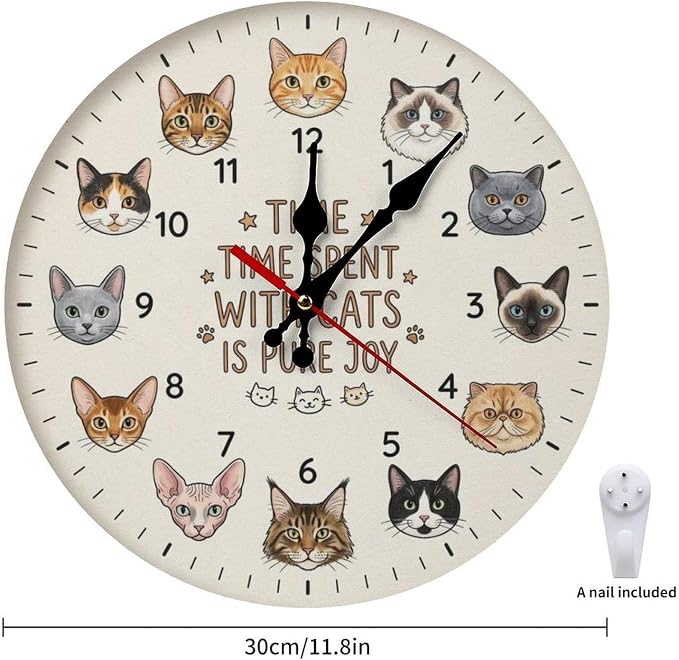 Adorable Cat Lover Frameless Wooden Wall Clock Silent Non-Ticking | Battery Operated Home Decor for Living Room Kids Room Office, 10 & 12 Inch Round