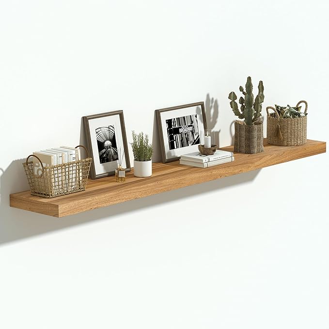 Vivelove Elm Wood Floating Shelves, Wooden Shelves for Wall with Invisible Bracket for Living Room Bedroom Bathroom Office Book, Rustic Farmhouse Display Shelf, 48 Inch Set of 1- Natural