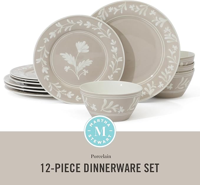 Martha Stewart Maiden Crown 12-Piece Taupe Dinnerware Set – New Bone China Ceramic Plates & Bowls – Floral Design – Service for 4 – Dishwasher & Microwave Safe