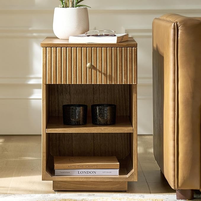HULALA HOME Mid-Century Modern End Table with Drawer and Open Shelves, Solid Paulownia Wood Side Table, Brass Knob, No Assembly Required(Acorn)