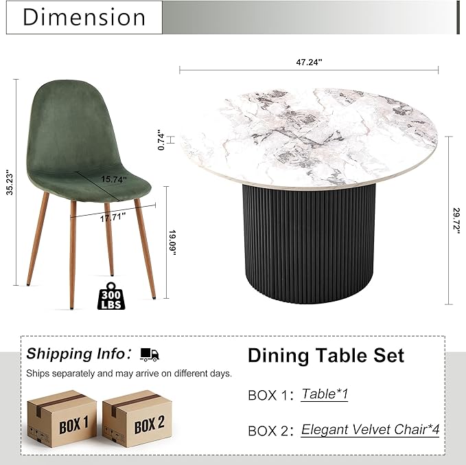 Dining Table Set for 4, Mid Century Modern 47 Inch White Marble-Look Wooden Round Dining Table Set, Space Saving (Table + 4 Green Chairs)