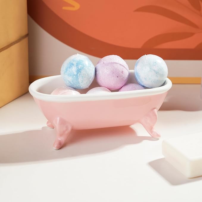 6.7" Ceramic Mini Clawfoot Bathtub Bar Soap Dish, Decorative Bar Soap Holder, Soap Tray Sponge Holder for Shower, Bathroom & Kitchen Sink (Pink)