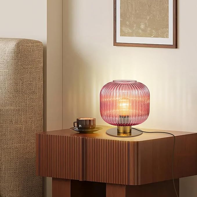 Small Bedside Table Lamp, Pink Bedside Lamp Globe Table Lamps with Striped Glass Shade, Modern Bedroom Nightstand Lamp Living Room Side Table Lamp Decorative Table Lamps for Girls Women