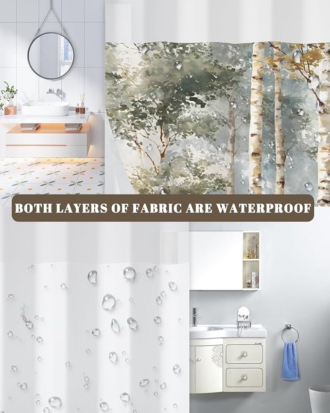 No Hook Bathroom Shower Curtain and Liner Set, Birch Tree Forest Print Double Layer Waterproof Fabric Bath Tub Curtain with Snap in Liner, See Through Top, 71 x 74 Inch