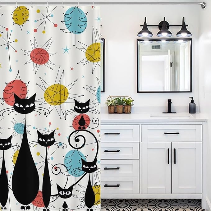 Mid Century Shower Curtain Christmas Tree Atomic Black Cat Aesthetic Patterned Duty Fabric Shower Curtains Set Bathroom Polyester Waterproof with 12 Hooks,72x72Inch（183x183cm）