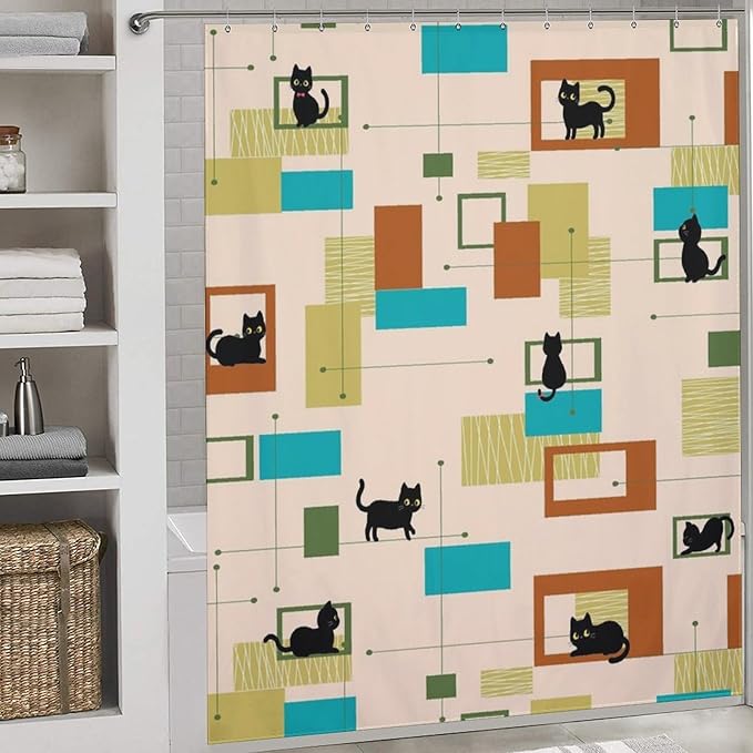 Mid Century Black Cat Shower Curtain,Vintage Abstract 60s Geometric Pattern Modern Decor Bathroom Curtain Polyester Waterproof Fabric 72x72in（183x183cm）