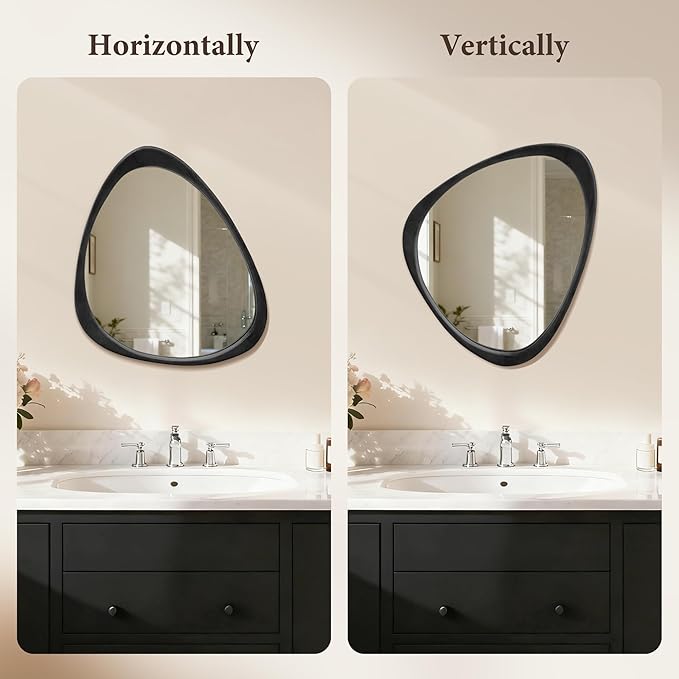 24''x19'' Asymmetrical Mirror with Wood Frame Black, Small Irregular Wall Mirror, Odd Shaped Mid Century Modern Mirror Decor for Bedroom Living Room Entryway Hall